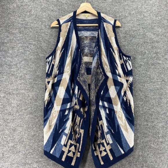 Democracy Sweater Women XL Blue Geometric Knit V-Neck Open Front Sleeveless - Picture 3 of 9